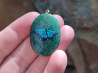 Polished Aventurine Pendant with Hand Painted Butterflies - Sold Per Item - From Zimbabwe