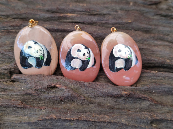 Polished Polychrome Jasper Pendant with Hand Painted Panda - sold per item - From Madagascar