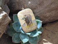 Polished Picture Stone Pendant with Hand Painted Buffalo - Sold Per Item - From Namibia