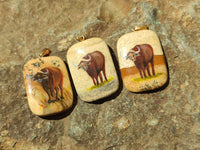 Polished Picture Stone Pendant with Hand Painted Buffalo - Sold Per Item - From Namibia