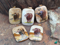 Polished Picture Stone Pendant with Hand Painted Buffalo - Sold Per Item - From Namibia