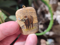 Polished Picture Stone Pendant with Hand Painted Buffalo - Sold Per Item - From Namibia