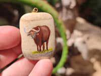 Polished Picture Stone Pendant with Hand Painted Buffalo - Sold Per Item - From Namibia