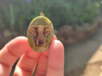 Polished Unakite Pendant with Hand Painted Elephant - Sold Per Item - From South Africa