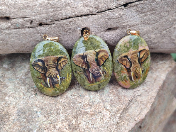 Polished Unakite Pendant with Hand Painted Elephant - Sold Per Item - From South Africa