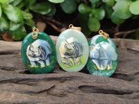 Polished Aventurine Pendant with Hand Painted Rhino - Sold Per Item - From Zimbabwe