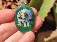 Polished Aventurine Pendant with Hand Painted Rhino - Sold Per Item - From Zimbabwe