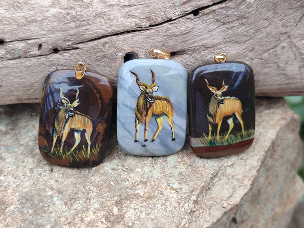 Polished Polychrome Jasper Pendant with Hand Painted Kudu - sold per item - From Madagascar