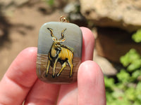 Polished Polychrome Jasper Pendant with Hand Painted Kudu - sold per item - From Madagascar