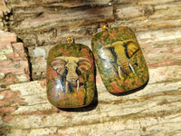 Polished Unakite Pendant with Hand Painted Elephant - Sold Per Item - From South Africa