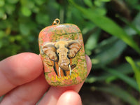 Polished Unakite Pendant with Hand Painted Elephant - Sold Per Item - From South Africa