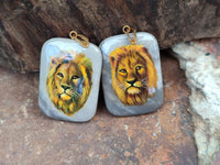 Polished Polychrome Jasper Pendant with Hand Painted Lion - sold per item - From Madagascar