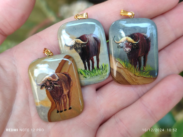 Polished Polychrome Jasper Pendant with Hand Painted Buffalo - sold per item - From Madagascar