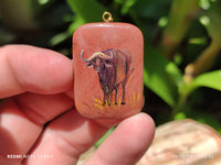 Polished Polychrome Jasper Pendant with Hand Painted Buffalo - sold per item - From Madagascar