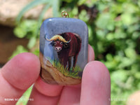 Polished Polychrome Jasper Pendant with Hand Painted Buffalo - sold per item - From Madagascar