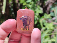 Polished Polychrome Jasper Pendant with Hand Painted Buffalo - sold per item - From Madagascar