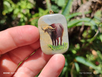 Polished Polychrome Jasper Pendant with Hand Painted Buffalo - sold per item - From Madagascar