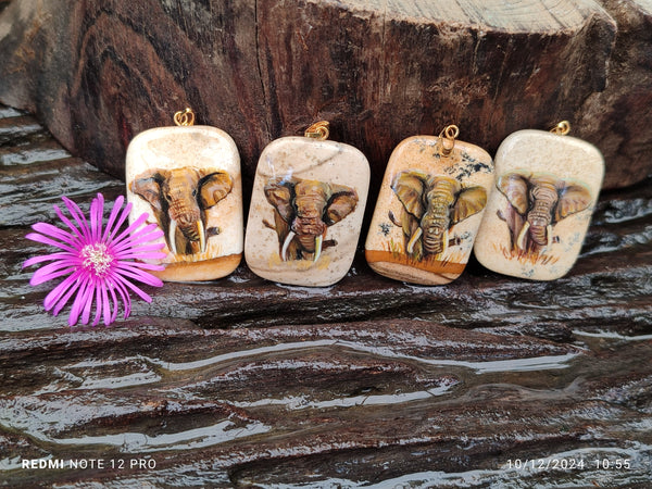 Polished Picture Stone Pendant with Hand Painted Elephant - Sold Per Item - From Namibia