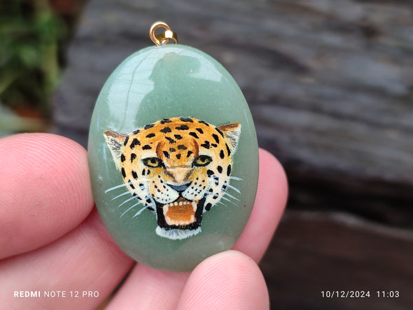 Polished Aventurine Pendant with Hand Painted Leopard - Sold Per Item - From Zimbabwe