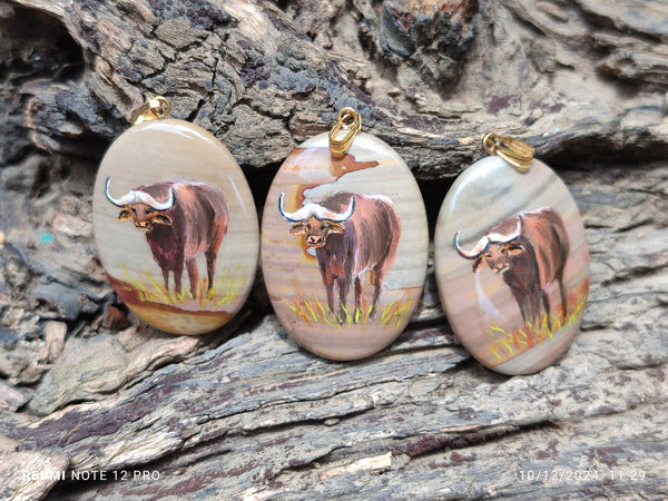 Polished Polychrome Jasper Pendant with Hand Painted Buffalo - sold per item - From Madagascar