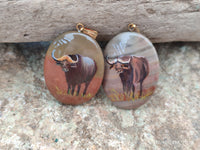 Polished Polychrome Jasper Pendant with Hand Painted Buffalo - sold per item - From Madagascar