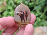 Polished Polychrome Jasper Pendant with Hand Painted Buffalo - sold per item - From Madagascar