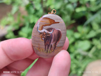 Polished Polychrome Jasper Pendant with Hand Painted Buffalo - sold per item - From Madagascar