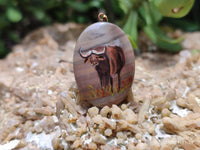 Polished Polychrome Jasper Pendant with Hand Painted Buffalo - sold per item - From Madagascar