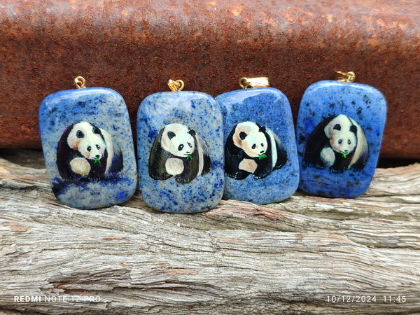 Polished Dumortierite Pendants with Hand Painted Panda - sold per item - From Mozambique