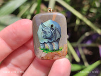 Polished Polychrome Jasper Pendant with Hand Painted Rhino - sold per item - From Madagascar