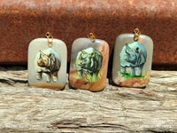 Polished Polychrome Jasper Pendant with Hand Painted Rhino - sold per item - From Madagascar