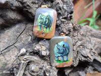 Polished Polychrome Jasper Pendant with Hand Painted Rhino - sold per item - From Madagascar