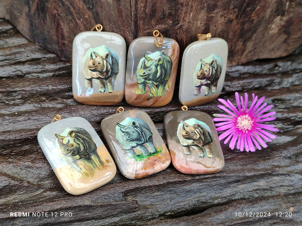 Polished Polychrome Jasper Pendant with Hand Painted Rhino - sold per item - From Madagascar