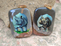 Polished Polychrome Jasper Pendant with Hand Painted Rhino - sold per item - From Madagascar