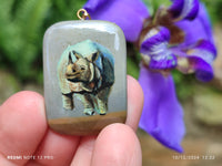 Polished Polychrome Jasper Pendant with Hand Painted Rhino - sold per item - From Madagascar