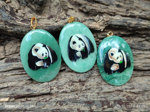 Polished Aventurine Pendant with Hand Painted Panda - Sold Per Item - From Zimbabwe