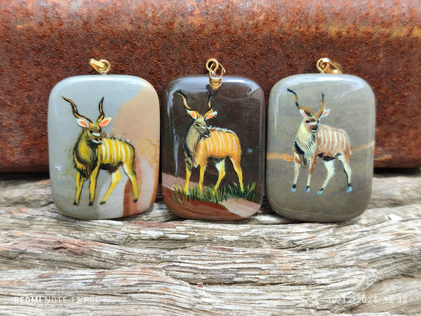 Polished Polychrome Jasper Pendant with Hand Painted Kudu - sold per item - From Madagascar