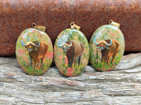 Polished Unakite Pendant with Hand Painted Buffalo - Sold Per Item - From South Africa