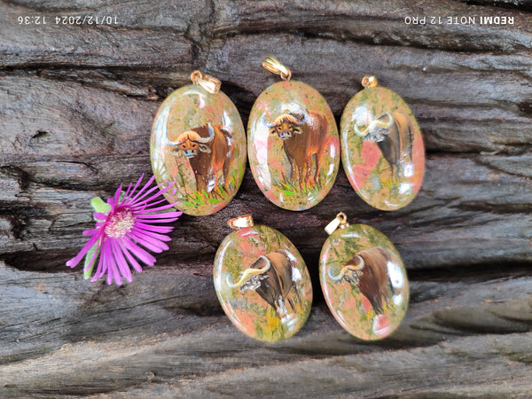 Polished Unakite Pendant with Hand Painted Buffalo - Sold Per Item - From South Africa