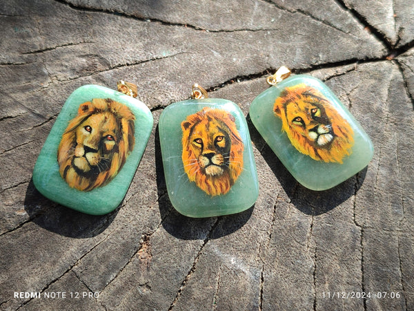 Polished Aventurine Pendant with Hand Painted Lion - Sold Per Item - From Zimbabwe