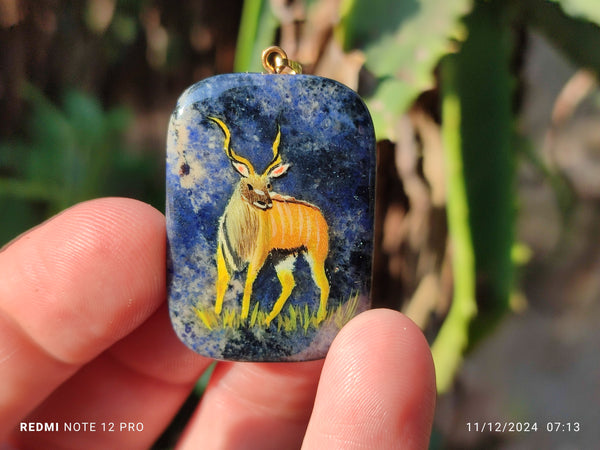 Polished Dumortierite Pendants with Hand Painted Kudu - sold per item - From Mozambique