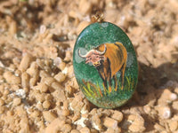 Polished Aventurine Pendant with Hand Painted Buffalo - Sold Per Item - From Zimbabwe