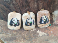 Polished Polychrome Jasper Pendant with Hand Painted Panda - sold per item - From Madagascar