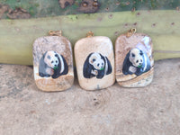 Polished Polychrome Jasper Pendant with Hand Painted Panda - sold per item - From Madagascar