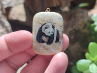 Polished Polychrome Jasper Pendant with Hand Painted Panda - sold per item - From Madagascar