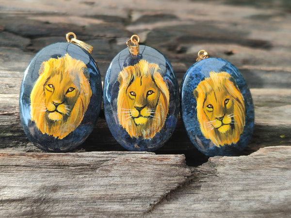 Polished Dumortierite Pendants with Hand Painted Lion - sold per item - From Mozambique