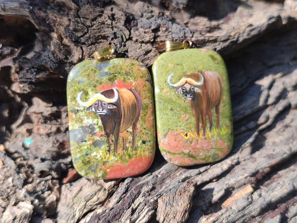 Polished Unakite Pendant with Hand Painted Buffalo - Sold Per Item - From South Africa