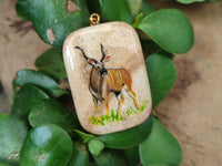 Polished Picture Stone Pendant with Hand Painted Kudu - Sold Per Item - From Namibia