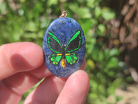 Polished Dumortierite Pendants with Hand Painted Butterfly - sold per item - From Mozambique