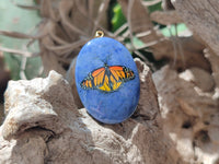 Polished Dumortierite Pendants with Hand Painted Butterfly - sold per item - From Mozambique